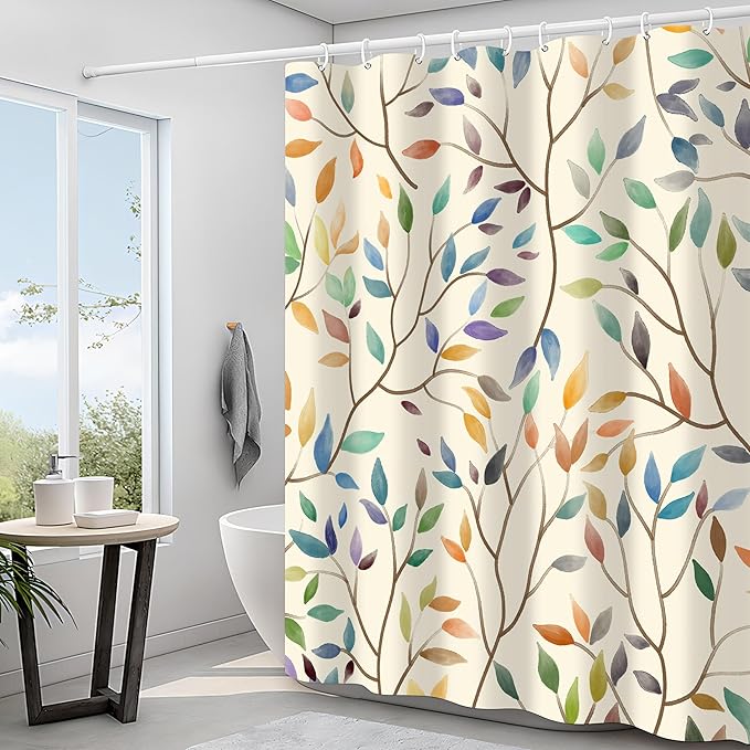 Boho Floral Shower Curtain, Spring Colorful Botanical Flower Leaves Bohemian Yellow Fabric Shower Curtain Set with 12 Hooks, Bathroom Bathtub Accessories Decor Cloth Curtain 60x72 Inches