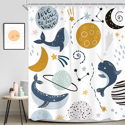 Kids Boys Whale Shower Curtain Space Ocean Cartoon Planet Cute Ocean Sea Animal Universe Galaxy Moon Stars Cool Cosmos Bathroom Set 60Wx72L Inch Bath Curtain Bathtub Accessories Home Decor