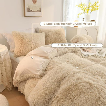 Litanika Beige Plush Comforter King Size, Luxury Fluffy Fuzzy Bedding Set for King Bed, Ultra Soft Velvet Shaggy Comforter 3 Pieces(1 Faux Fur Comforter 104×90 Inch, 2 Pillowcases)