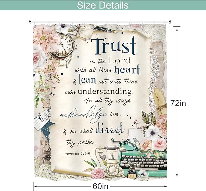 MESHELLY Vintage Christian Shower Curtain 60Wx72H Retro Floral Bible Verse Rustic Farmhouse Pink Flower Quotes Bathroom Curtain Scriptures Bath Curtain Fabric Bathroom Accessories Decor with 12 Hooks