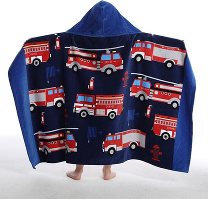 BANGSAUR Kids Hooded Beach Towels, 100% Cotton 50x30 inches Bath Pool Towel Wrap, Toddlers Boys 3-12 Years Coverup Fire Truck