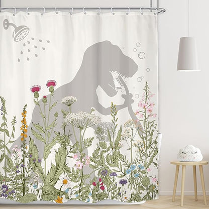 LGhtyro Dinosaur Wildflower Kids Shower Curtain Bathroom Set 60Wx71H Inches Funny Dino Silhouette Floral Rustic Plant Leaves Botanical Bath Accessories for Boys Art Home Decor Fabric 12 Pack Hooks