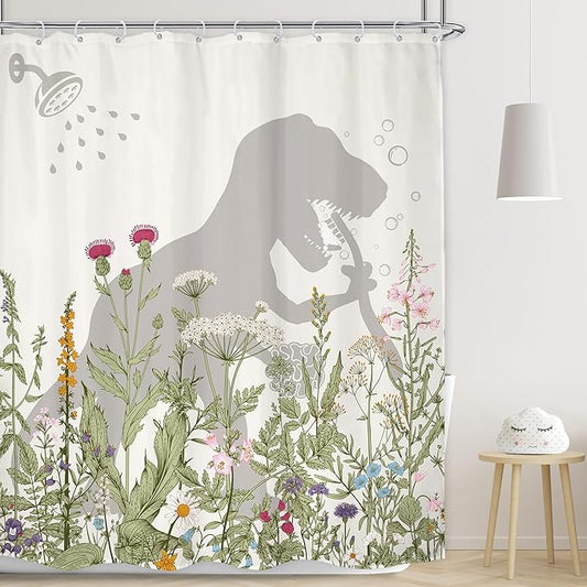 LGhtyro Dinosaur Wildflower Kids Shower Curtain Bathroom Set 60Wx71H Inches Funny Dino Silhouette Floral Rustic Plant Leaves Botanical Bath Accessories for Boys Art Home Decor Fabric 12 Pack Hooks