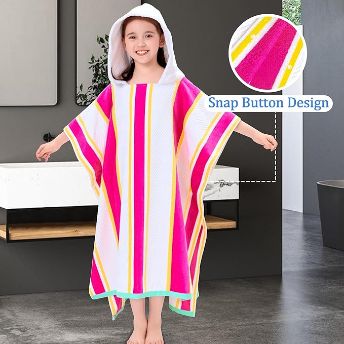 VOOVA & MOVAS Hooded Beach Towels for Boys| Girls | Teens (8-16Years), 100% Cotton Thick Poncho Towel Robe for Kids, Perfect for Pool, Beach, Bath and Gifts,Red Yellow Stripe