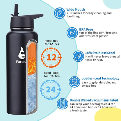 Farsea Insulated Water Bottle with Straw Lid & Spout Lid & Paracord Handle, Stainless Steel Water Bottle Wide Mouth, Double Wall Sweat-Proof BPA-Free, 40 oz, Black