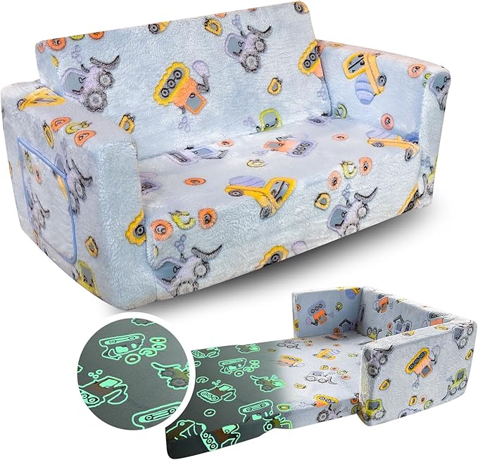 Kids Sofa, Glow in The Dark Toddler Chairs Children's Extra Wide Convertible Sofa to Lounger - Extra Soft 2 Seats 2 in 1 Flip Open Chair & Sleeper, Toddler Couch, Kids Sofa Bed