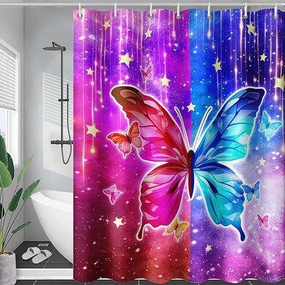 AILONEN Butterfly Shower Curtain,Red and Blue Butterfly Bath Curtain,Tie Dye Starry Rainbow Modern Decorative Shower Curtain with 12 Plastic Hooks (Kids/Girls/Women/Teen/) 48" W*72" H