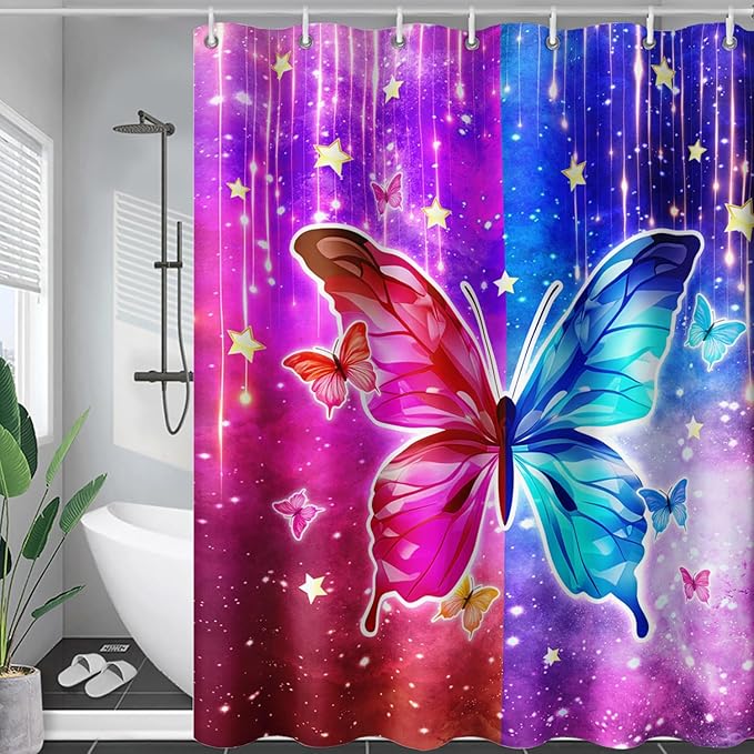AILONEN Butterfly Shower Curtain,Red and Blue Butterfly Bath Curtain,Tie Dye Starry Rainbow Modern Decorative Shower Curtain with 12 Plastic Hooks (Kids/Girls/Women/Teen/) 72" W*84" H