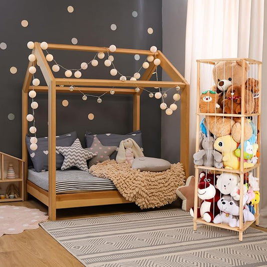 ACEPRUT Wood Stuffed Animal Storage Holder, Space Save Three Tier Vertical Large Stuffed Animal Zoo Organizer for Playroom Bedroom, Toy Storage Birthday Gifts for Kids