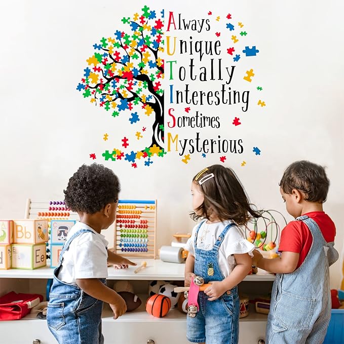 Mfault Autism Awareness Day Inspirational Sign Wall Decal Sticker, Positive Puzzle Piece Tree Colorful Nursery Classroom Decoration Baby Bedroom Art, Autistic Spectrum Motivational Kid Room Decor Gift
