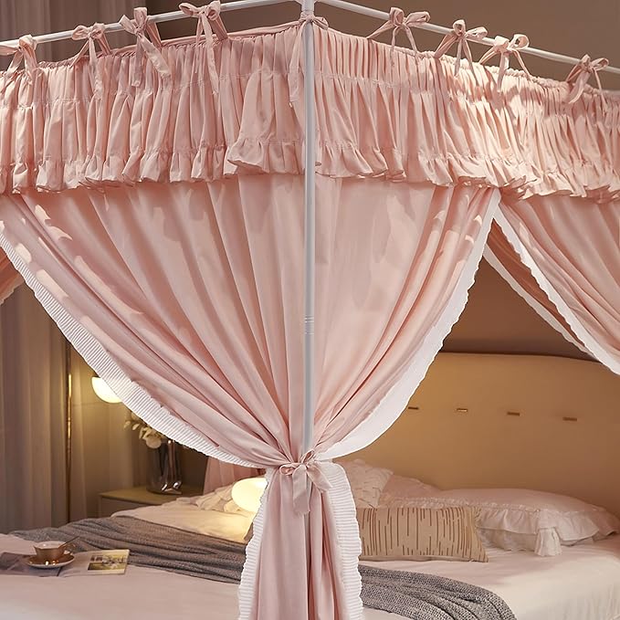 4 Corners Post Princess Ruffle Curtain Bed Canopy Lace Up Elastic Cozy Breathable Tent Mosquito Net for Girls Bedroom Decoration(Pink, 47-53" W*78" L*82"*H/Full)
