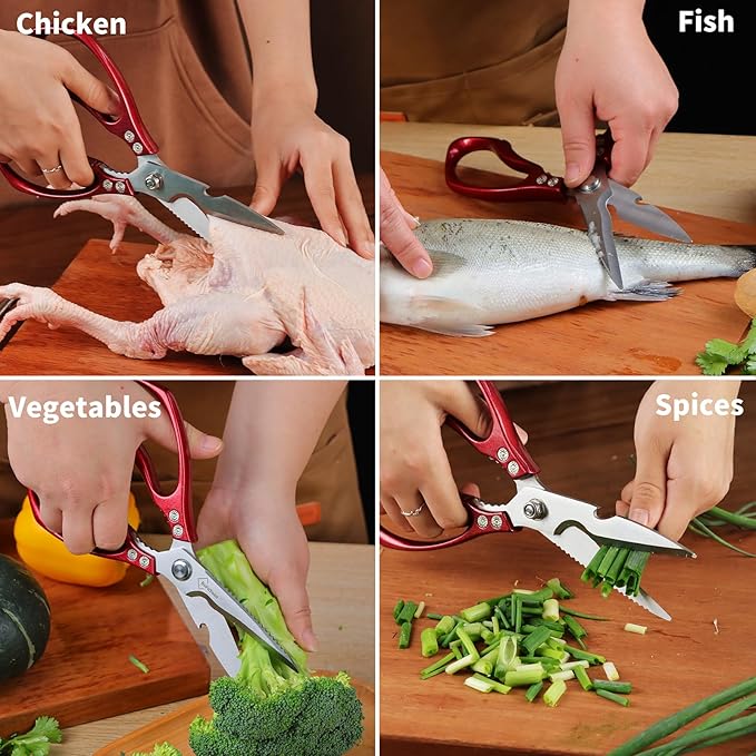 Kitchen Shears for Food Heavy-Duty: Multipurpose Kitchen Shears for Cutting Chicken, Bone, Meat, Food, (9'' Red)