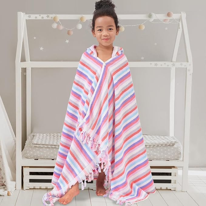 Hooded Bath Towel for Kids (3-10Years) - Soft, Absorbent Oversized Turkish Cotton Pool Towels with Hood for Toddler,Perfect for Bath | Beach | Pool | Swim, Jacquard, Color Stripe with Tassels