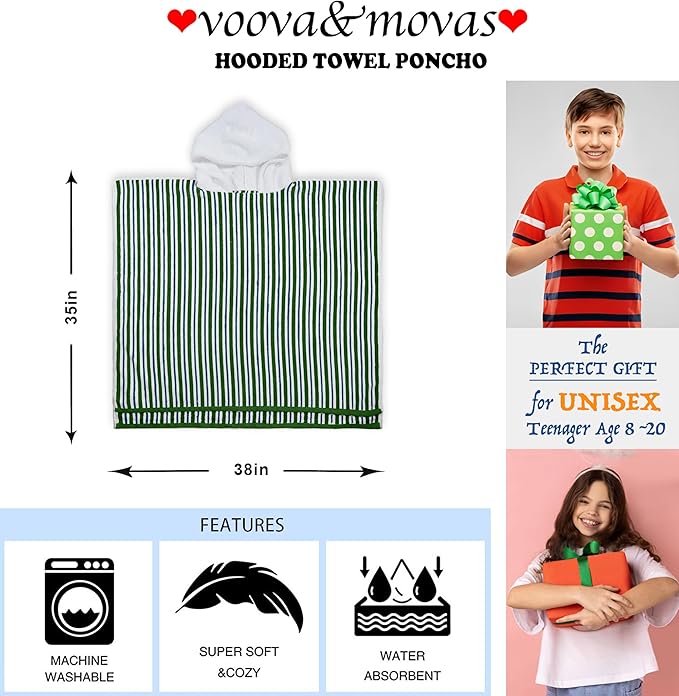 VOOVA & MOVAS Big Kids Hooded Towel Poncho | Large, Soft, Absorbent Cotton | 8-16 Years | Versatile for Pool, Swim,Beach and Bathroom | Navy Blue&Green