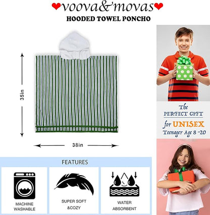 VOOVA & MOVAS Big Kids Hooded Towel Poncho | Large, Soft, Absorbent Cotton | 8-16 Years | Versatile for Pool, Swim,Beach and Bathroom | Navy Blue&Green