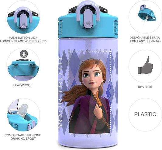 Zak Designs Disney Frozen 2 Kids Water Bottle Set with Reusable Straws and Built in Carrying Loops, Made of Plastic, Leak-Proof Designs 16 oz, BPA-Free, 2pc Set, Elsa & Anna (Frozen 2)