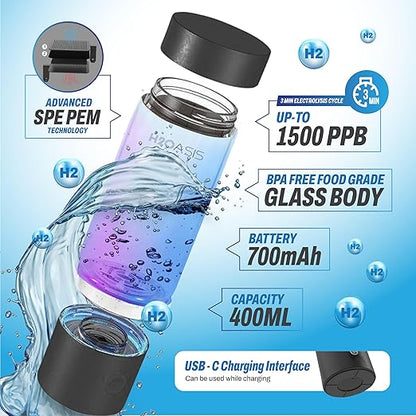 Premium Hydrogen Water Bottle, SPE PEM with Exhaust Vent, 4000 PPB H2 Concentration