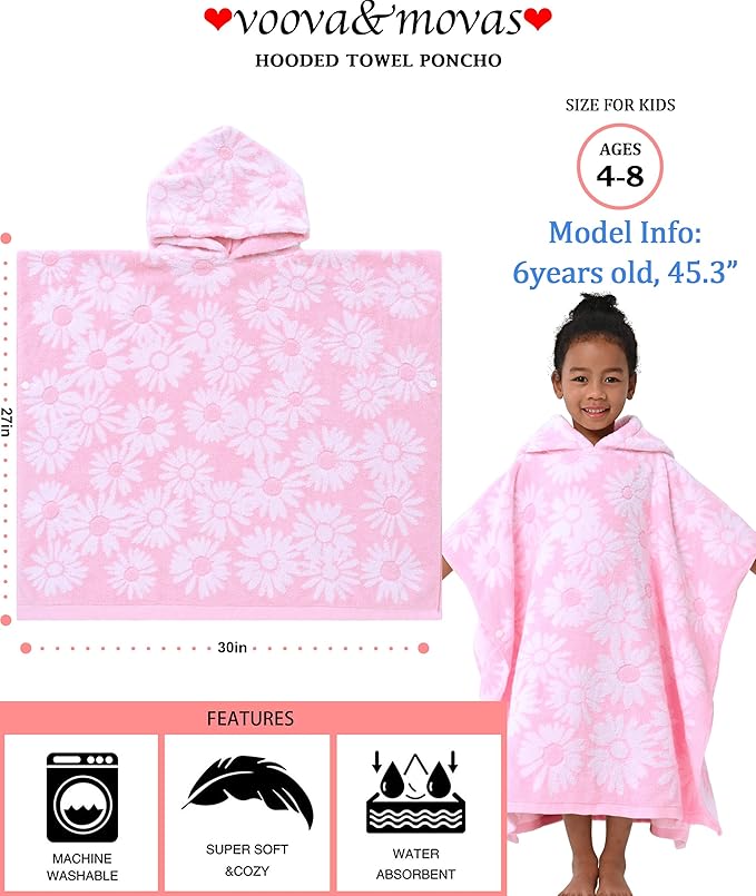 VOOVA & MOVAS Thick Hooded Bath Towel Poncho for Kids (4-8Years) - Soft, Absorbent Turkish Cotton Swim Towel Robe, Perfect for Bathroom | Pool | Swim, Jacquard, Pink with White Daisy Theme
