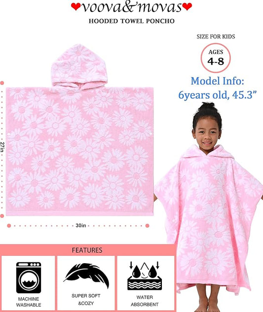 VOOVA & MOVAS Thick Hooded Bath Towel Poncho for Kids (4-8Years) - Soft, Absorbent Turkish Cotton Swim Towel Robe, Perfect for Bathroom | Pool | Swim, Jacquard, Pink with White Daisy Theme