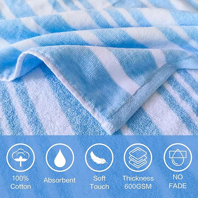 VOOVA & MOVAS Big Kids Poncho Towel with Hood - Teens Hooded Pool Towel Robe (8-16Years), Large and Absorbent Cotton - Versatile for Beach, Pool, Swim, and Bath,Light Blue Stripe