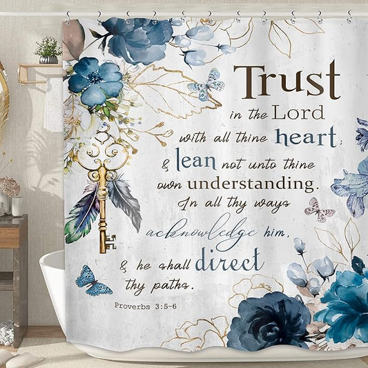 MESHELLY Christian Shower Curtain 60Wx72H Bible Verse Rustic Farmhouse Teal Flower Bathroom Curtain Scriptures Floral Bath Curtain Fabric Inspirational Quote Motivational Bathroom Decor with 12 Hooks