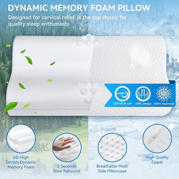 Sandwich Cervical Neck Pillow Queen Size - Dynamic Memory Foam Pillow for Neck Shoulder Pain Relief, Ergonomic Adjustable Bed Contour Pillow for Side, Back & Stomach Sleepers CertiPUR-US