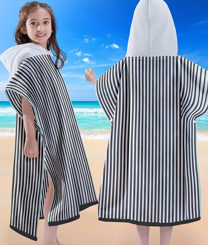 VOOVA & MOVAS Hooded Beach Towel for Big Kids | Large (8-16Years) Soft and Absorbent Cotton Poncho Towel Robe for Pool, Swim, and Bath Black White Stripe