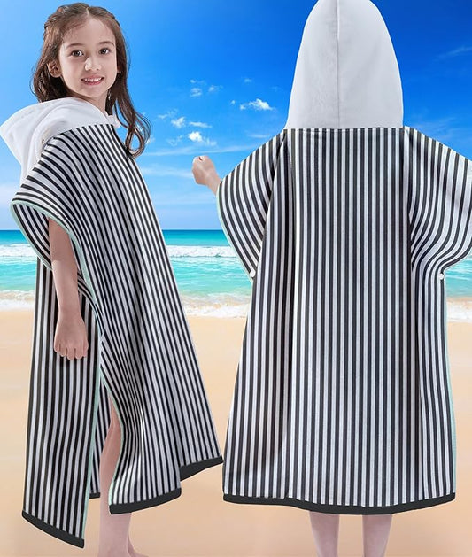 VOOVA & MOVAS Hooded Beach Towel for Big Kids | Large (8-16Years) Soft and Absorbent Cotton Poncho Towel Robe for Pool, Swim, and Bath Black White Stripe