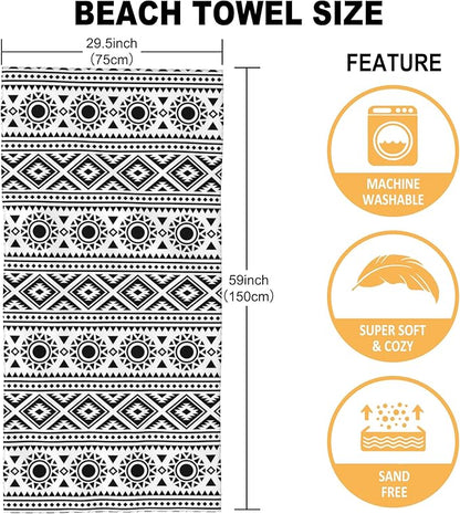Microfiber Beach Towel, Traditional Ethnic Black White Geometric Beach Towels for Women Men, Extra Large 29.5” X 59”, Quick Drying Lightweight Sand Free Bath Swim Towel