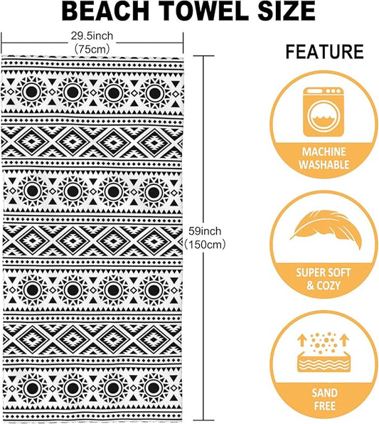 Microfiber Beach Towel, Traditional Ethnic Black White Geometric Beach Towels for Women Men, Extra Large 29.5” X 59”, Quick Drying Lightweight Sand Free Bath Swim Towel