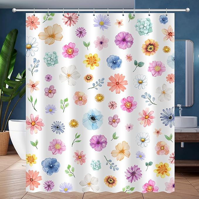 Boho Floral Shower Curtain, Spring Colorful Botanical Flower Leaves Bohemian Fabric Shower Curtain Set with 12 Hooks, Bathroom Bathtub Accessories Decor Cloth Curtain 60x72 Inches
