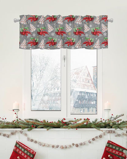 Red Truck Christmas Valance Curtains for Kitchen Windows Merry Christmas Tree Rod Pocket Window Treatment Toppers for Kitchen/Living Room/Bedroom/Bathroom, 60" X 18", Winter Snowflake Grey