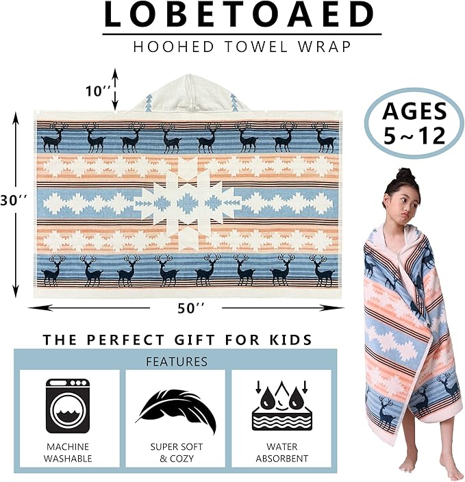 Kids Hooded Beach Bath Towel, Baby Surf Poncho Toddlers Soft Real Cotton Wrap Hooded Towels for Kids Boy Girl