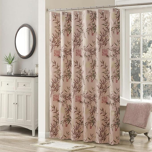 Saigon Farmhouse Printed Leaves Vintage Waterproof Polyester Fabric Brown Bamboo Country Cloth Bathroom Shower Curtain,72" W x 72" H