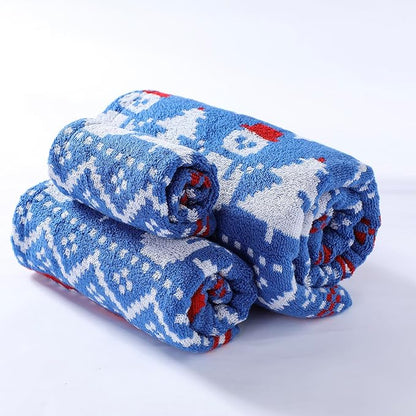 Luxury Blue Christmas Snowman Bath Towel Sets for Boy Girl Gift , 1 Bath Towels 1 Hand Towels 1 Washcloths 100% Cotton Ultra Soft Fluffy Highly Absorbent Double Sided Pattern Towel for Face Body