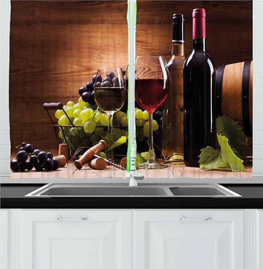 Ambesonne Wine Kitchen Curtains, Glasses of Red and White Wine Served with Grapes French Gourmet Tasting, Window Drapes 2 Panel Set for Kitchen Cafe Decor, 55" x 24", Brown Ruby
