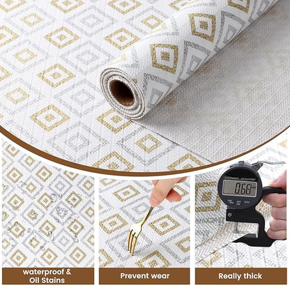 Shelf Liners for Kitchen Cabinets 24in X 20FT, Non Adhesive Cabinet Liner Strong Non-Slip Thickened Gold Geometric Drawer Liner, Washable liner Easy to Clean for Shelf