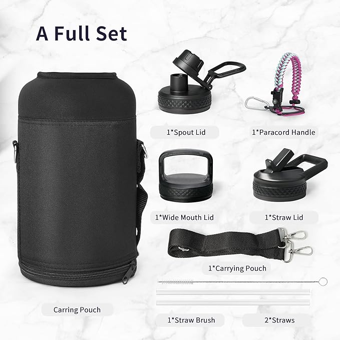 Water Bottle 64oz with Paracord Handle, Trebo Half Gallon Double Wall Vacuum Stainless Steel Insulated Jug with Straw Spout Handle Lids, Leakproof Water Flask Keep Cold Hot Thermo Canteen Mug,Rose Red