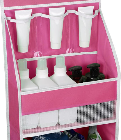 Univivi Door Hanging Organizer Nursery Over the Door Organizer Baby Storage with 4 Large Pockets and 3 Small PVC Pockets for Cosmetics, Toys and Sundries (Pink)