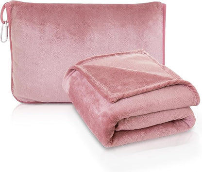 ATsense Travel Blanket Pillow, Premium 2 in 1 Soft Airplane Blanket Compact with Bag Pillowcase for Long Trips, Flying and Car, Travel Essentials for Women with Hand Luggage Sleeve and Backpack Clip