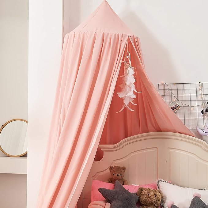 Mengersi Bed Canopy Play Tent for Kids, Round Dome Kids Mosquito Net Indoor Outdoor Castle Hanging House Decoration Reading Nook (Beige Pink)