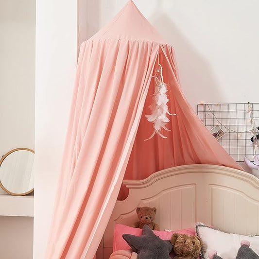 Mengersi Bed Canopy Play Tent for Kids, Round Dome Kids Mosquito Net Indoor Outdoor Castle Hanging House Decoration Reading Nook (Beige Pink)