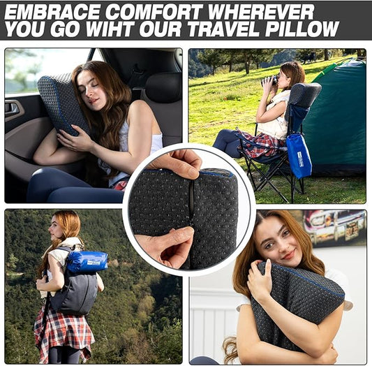 Travel & Camping Comfortable Memory Foam Pillow – Easy to Carry Portable Bag – Temperature Regulating Pillow Case - Perfect for Travelling, Grey Contour
