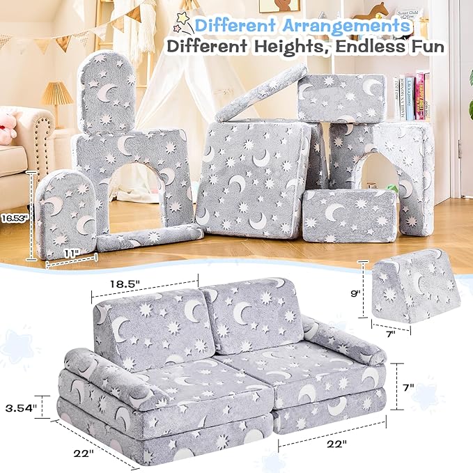 Modular Kids Play Couch,Toddler Couch Kids Sofa,Child Sectional Sofa,Bedroom and Playroom Furniture for Toddlers,Convertible Foam and Floor Cushion for Boys and Girls,Glow in The Dark,Star