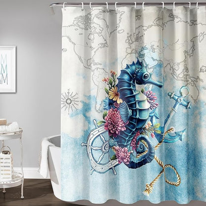 AILONEN Seahorse Shower Curtain for Bathroom,Nautical Coast Retro Map Ocean Bath Curtain 48" W*72" H,Blue Sea Animal Print Decorative Waterproof Curtain with 12 Plastic Hooks