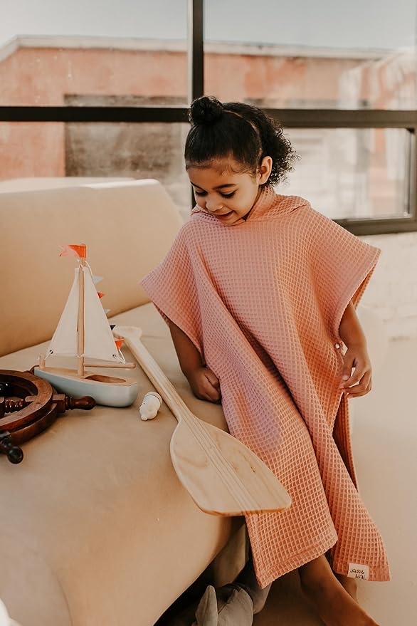 Hooded Towel for Kids | Snaps into a Poncho | Organic Cotton Waffle | Lightweight and Absorbent | Bath, Beach, and Pool | Multiple Colors | (Medium (3-6 Yrs), August Rose)