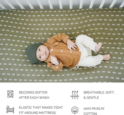 Olive Strokes Muslin Crib Sheet by Mebie Baby, Soft and Breathable Bed Sheets for Babies, Modern Neutral Bedding for Cribs, Standard Crib Mattress Fitted Sheet, Great for Boy or Girl Room or Nursery