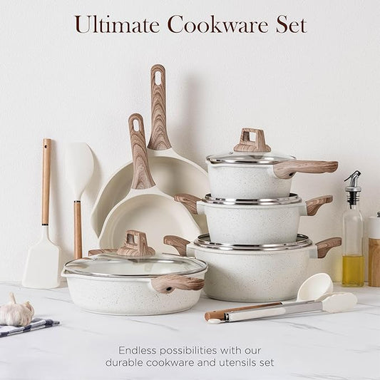 Country Kitchen Pots and Pans Set Nonstick, Cast Aluminum Kitchen Cookware Set with Utensils, 14 Pcs Non Stick Cooking Set w/Frying Pans & Saucepans