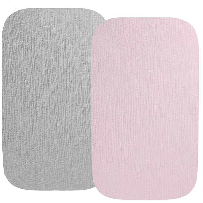 Muslin Bassinet Sheet Compatible with Dream On Me Traveler,Skylar,Lotus,Seashell Bassinet, INFANS Maydolly, Evolur Stellar Bassinet 2 Pack Cotton Fitted Sheets for Baby Grey & Pink