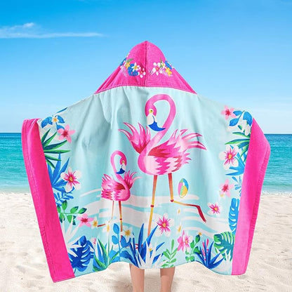 VOOVA & MOVAS Flamingo Hooded Towels for Girls Age 3-10, Soft | Thick |100% Cotton | Absorbent Wrap Towel, Perfect for Beach, Pool, Bath, Swim, Tropical Flamingo